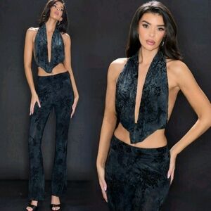 NWT Blue Burn Out Velvet Crop Top & Pants Set Size L
